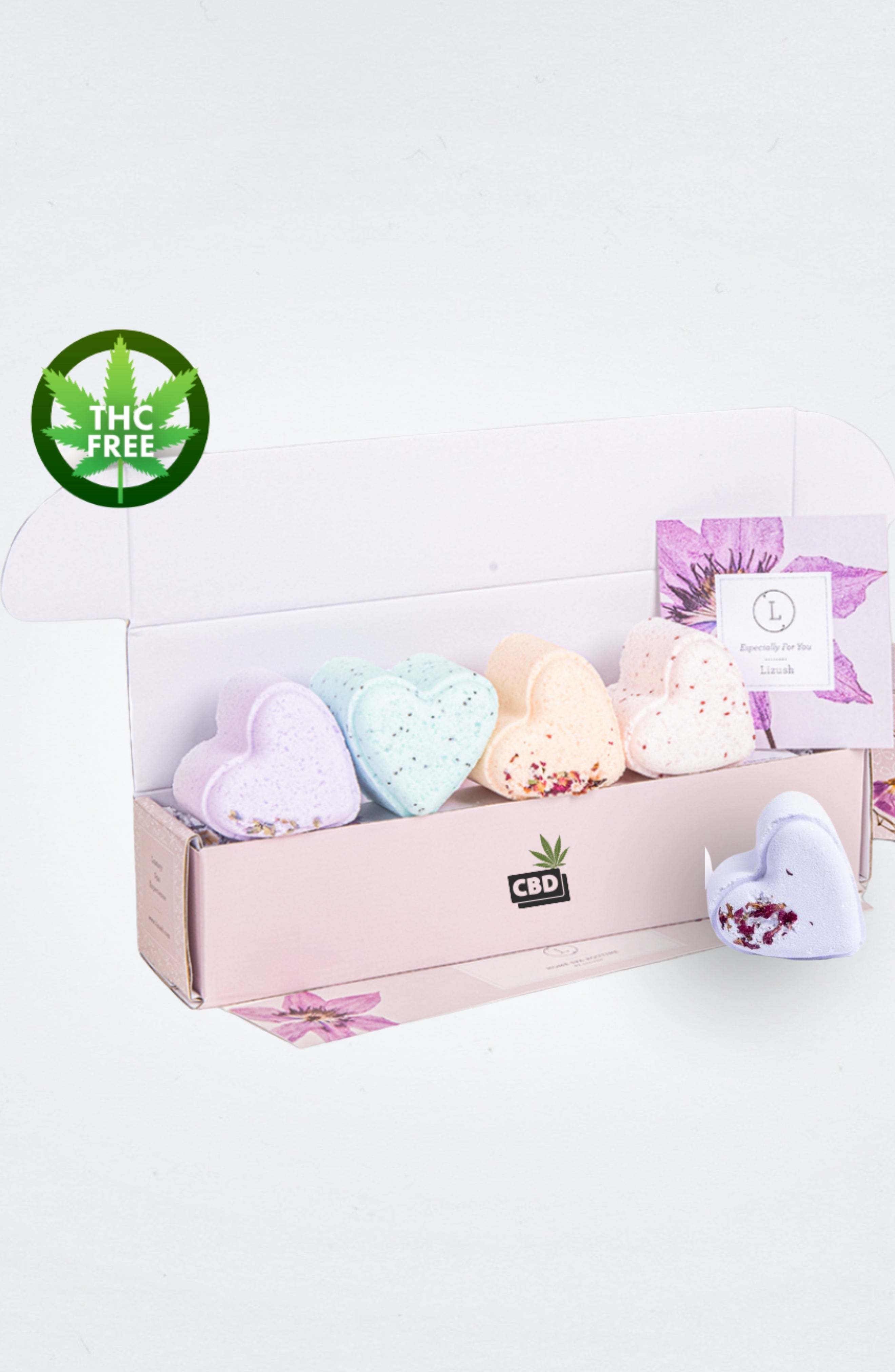 Bath Bombs with CBD -  5 Hearts Shaped with CBD - in a Gift Box - Can be personalized. (THC free)